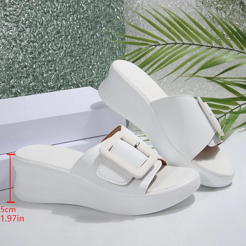 

Fashion Buckle Decor Wedge Slippers for Women Summer 2025 Comfort Non Slip Beach Slides Shoes Woman Lightweight White Platform Sandals 37 белый
