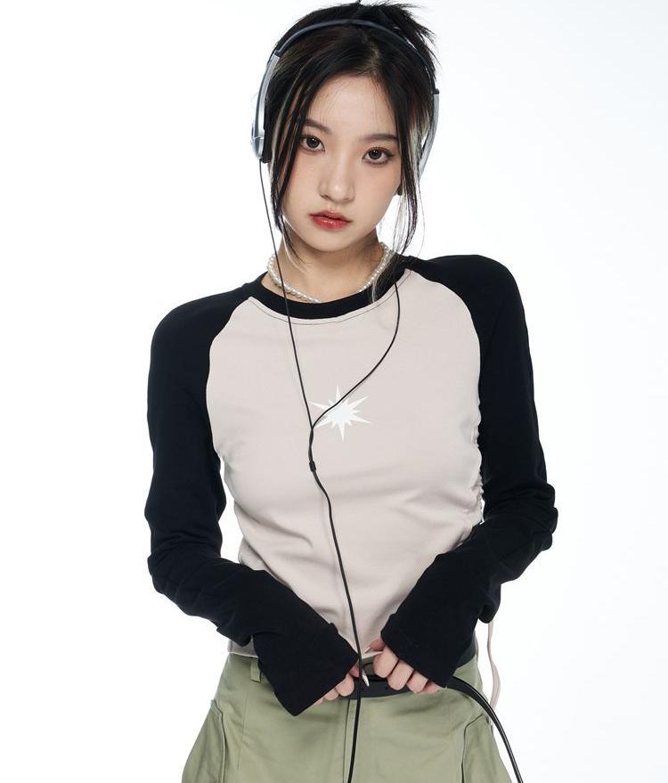 

Весенняя футболка с длинными рукавами и принтом в стиле пэчворк, американская уличная одежда Y2k, тонкий укороченный топ с завязками снизу Mujer XL