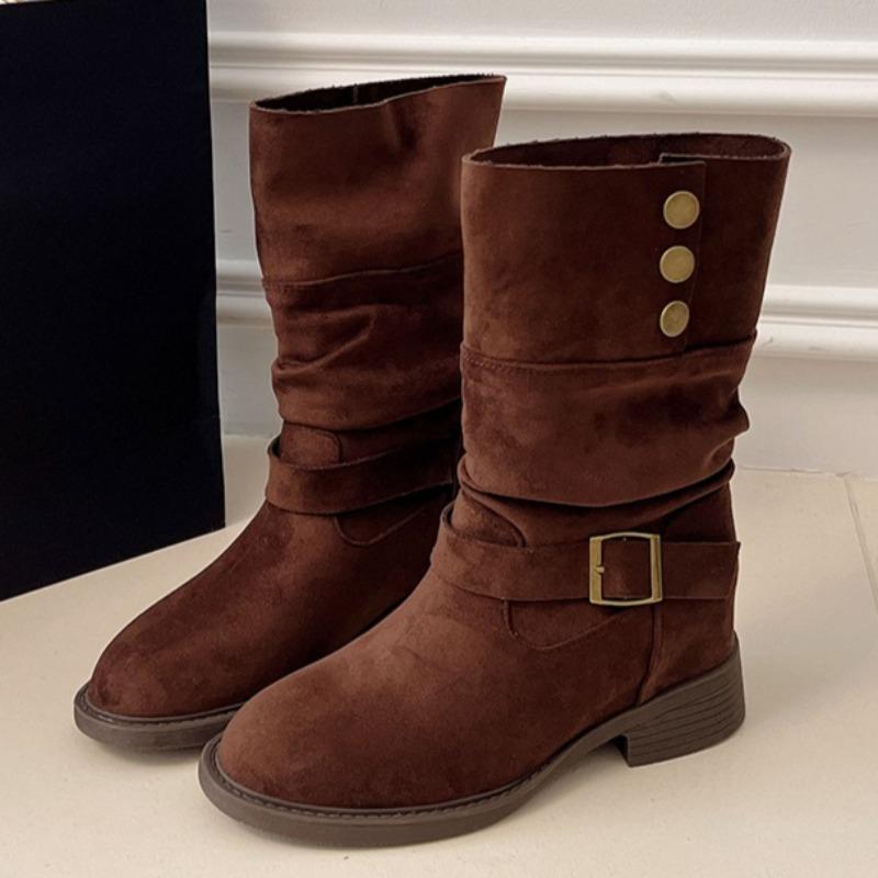 Stylish Studded Metal Pointed Toe Cow Suede Hair Sleeve Soft Sole Non-slip Wear-resistant Square Heel Mid-barrel Boots