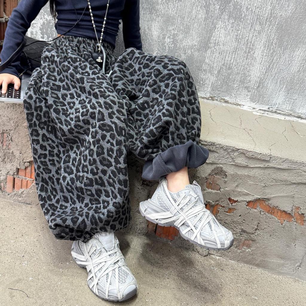 Leopard Print Fleece-Lined Lantern Pants - Korean Style, Thickened Sweatpants for Girls