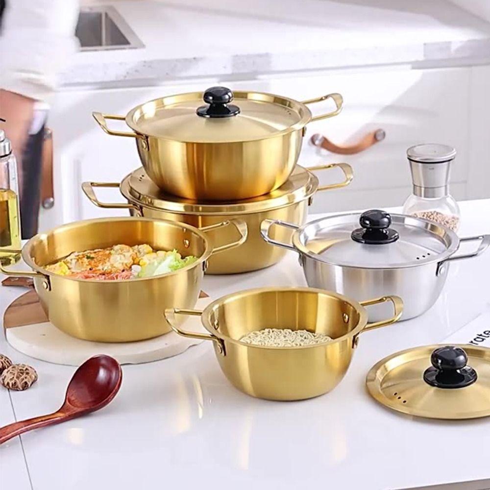 New Mini Ramen Pot with Lid Gold Plated Soup Pot Multifunction Stainless Steel Hot Pot Camping Cookware