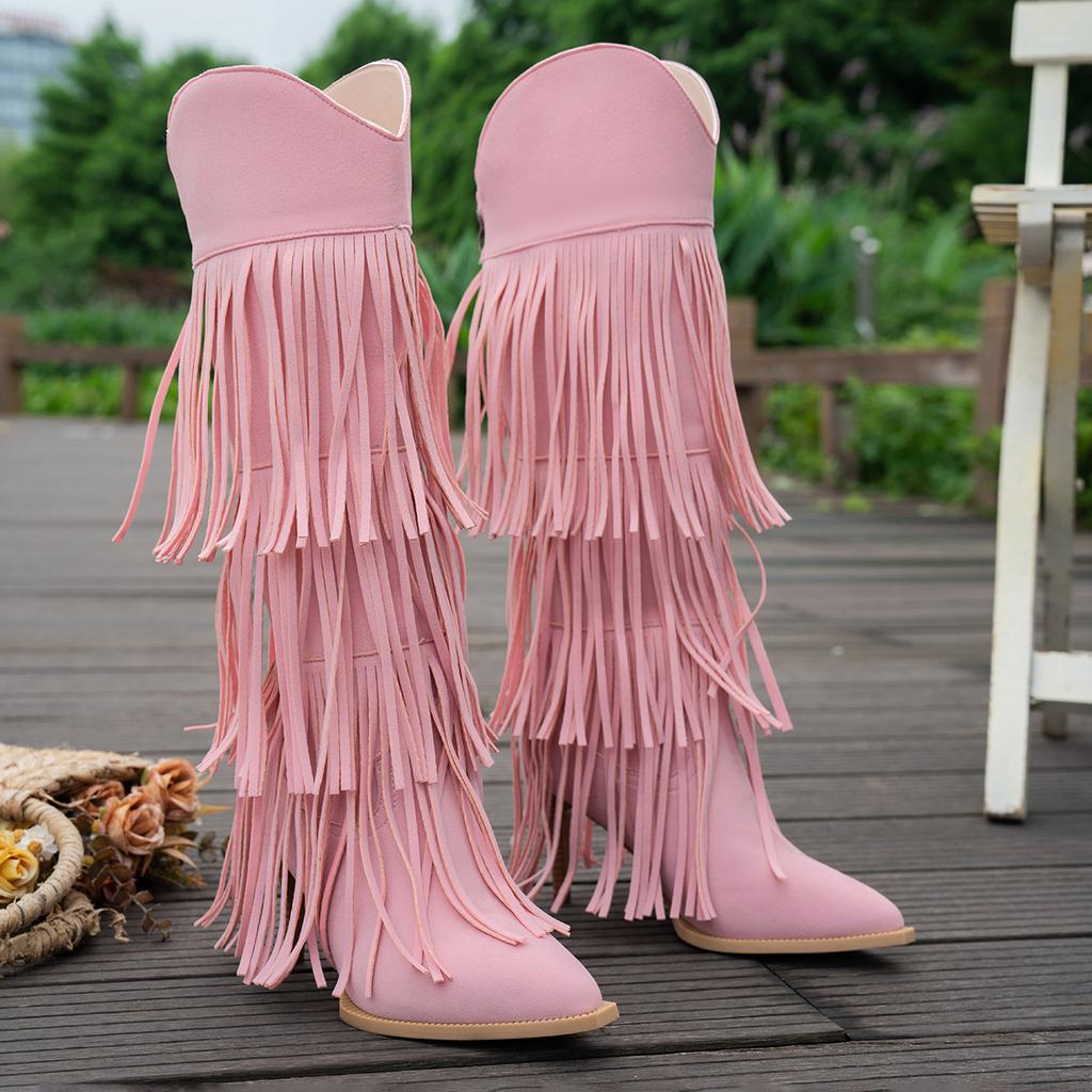 Large Size Women'S Long Tassel Boots Autumn And Winter Pointed Thick Heel Fashion Boots Vintage Boots
