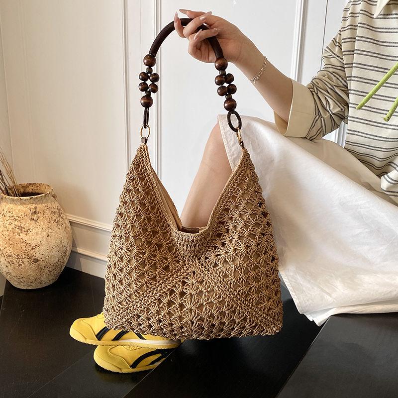 

2025 Seaside Vacation Woven Straw Shoulder Tote Bag кавовий