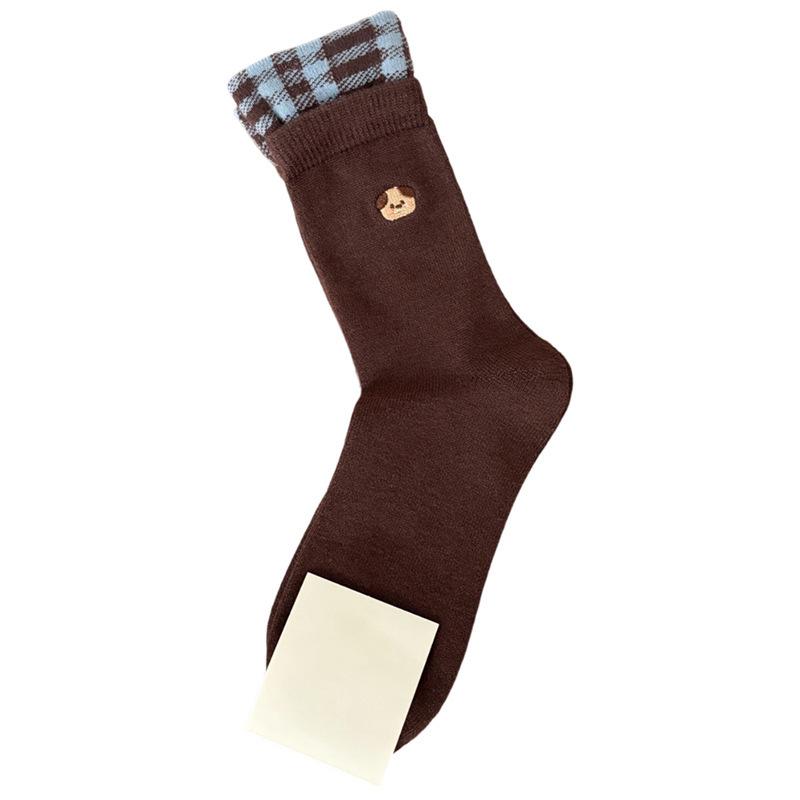 Women's Spring, Autumn and Winter Blue Coffee Mid-calf Socks Embroidered Puppy Warm Fleece Pile Socks