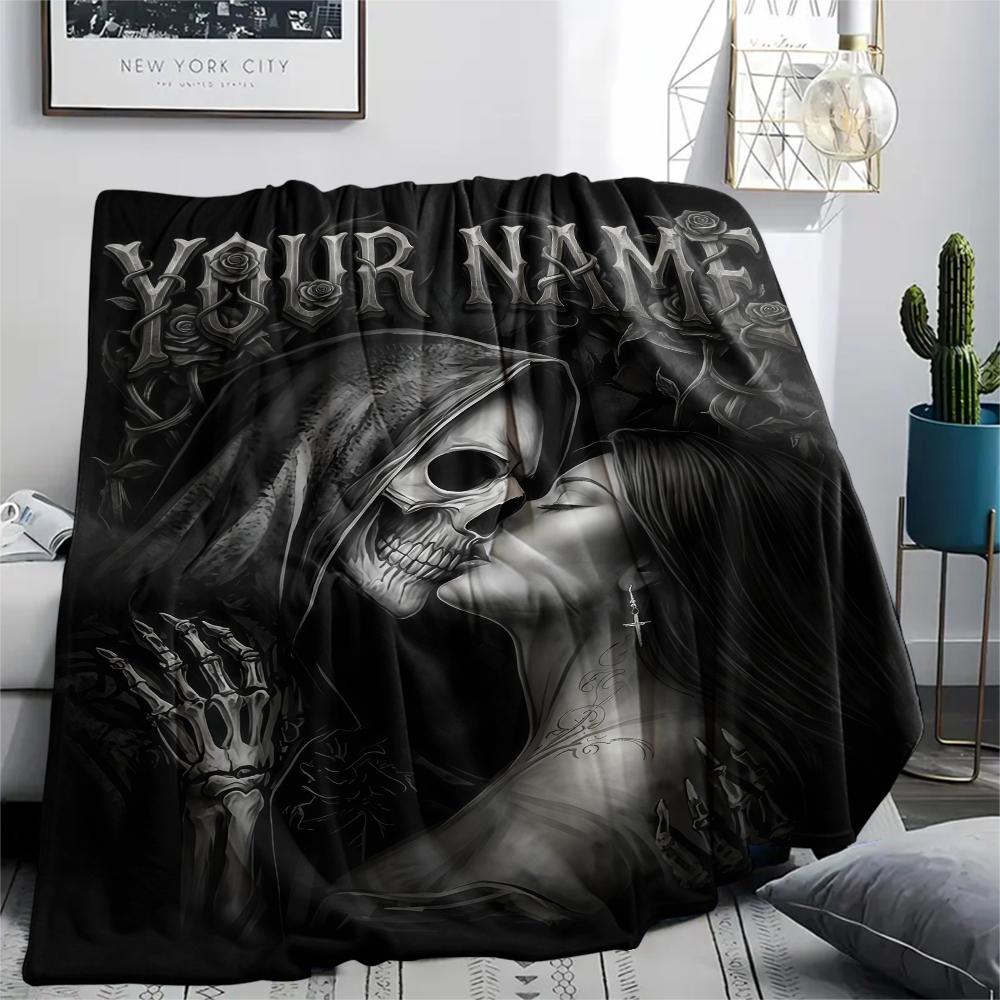 1PC Custom Name Pink Angel Skulls Patterned Flannel Blanket Suitable For All Seasons for Home Decor Warmth and Comfort Gifts Holiday Present_lx