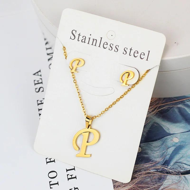 Stainless Steel Letter Necklace Bracelet Earring Zircon Set for Women Alphabet Pendant Necklace Party Gift