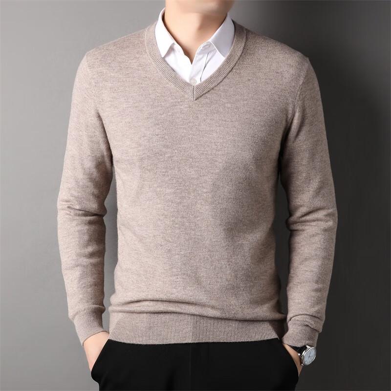 Fengxun Men's 100% Wool V-Neck Pullover Sweater