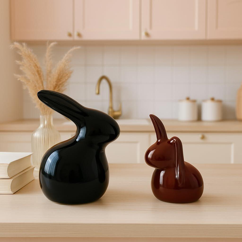 Home Decor Ceramic Rabbit Figurines (Set of 2, Black and Brown)