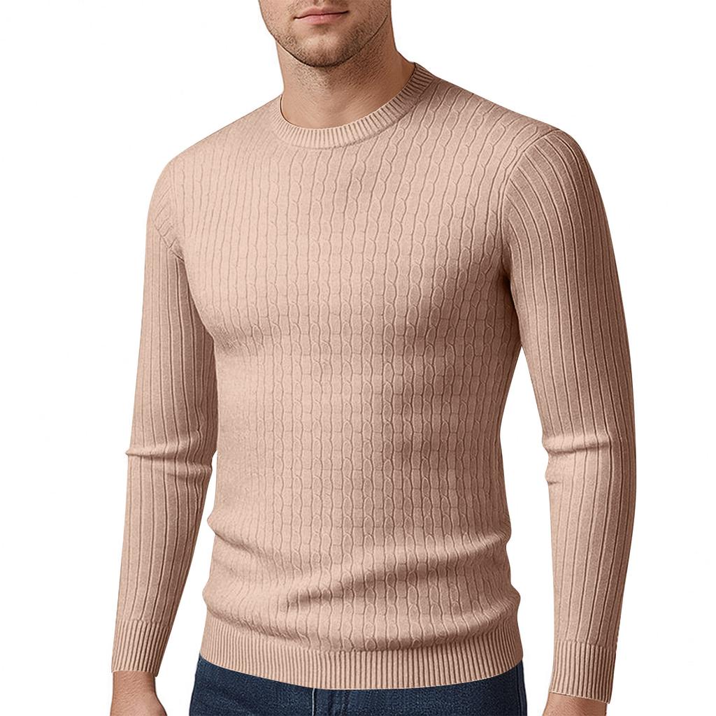 Men's Long Sleeved Solid Color Cable Knit Sweater Bottoming Shirt Slim Fit Pullover
