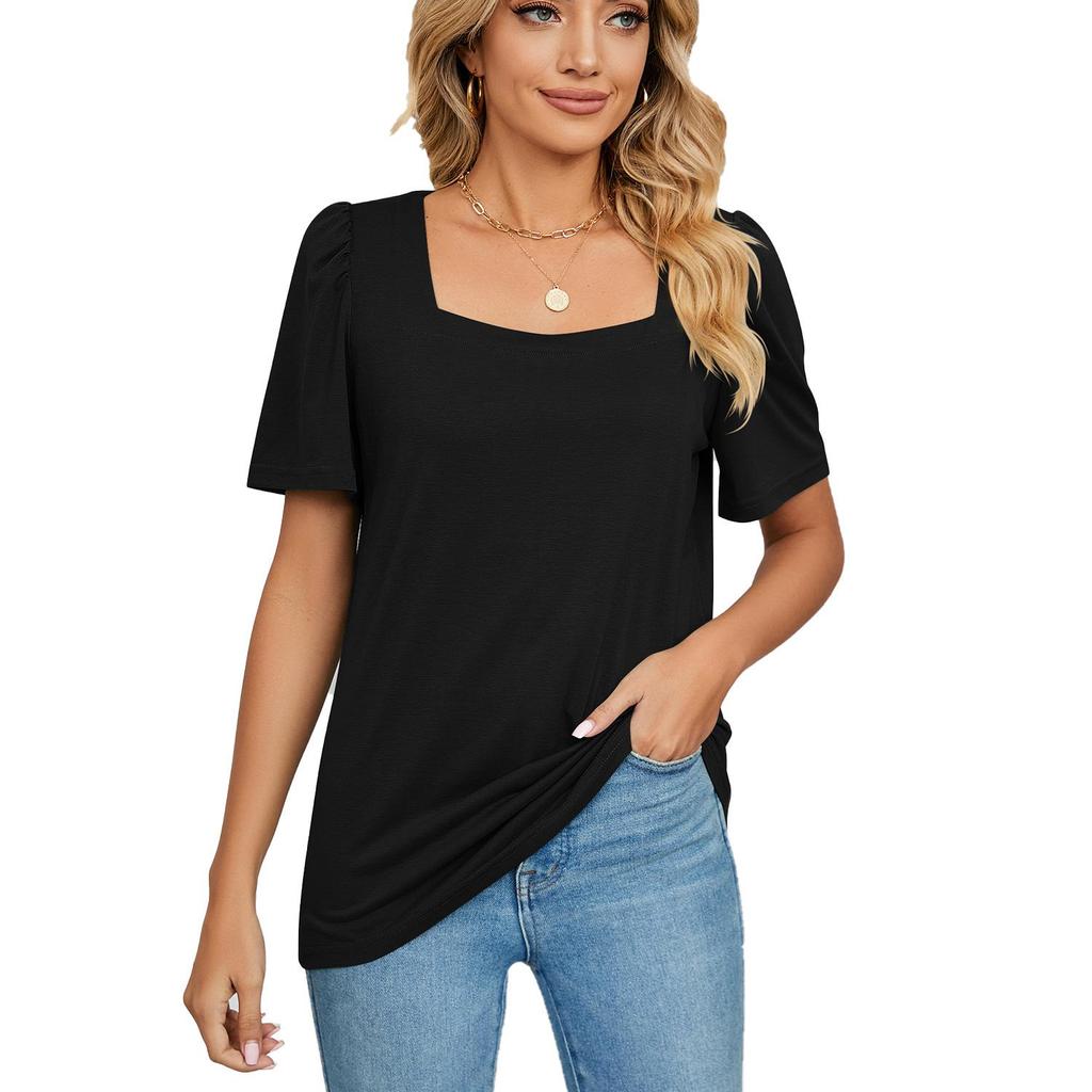 T-shirt d'été à manches courtes et col carré pour femme, couleur unie, ample