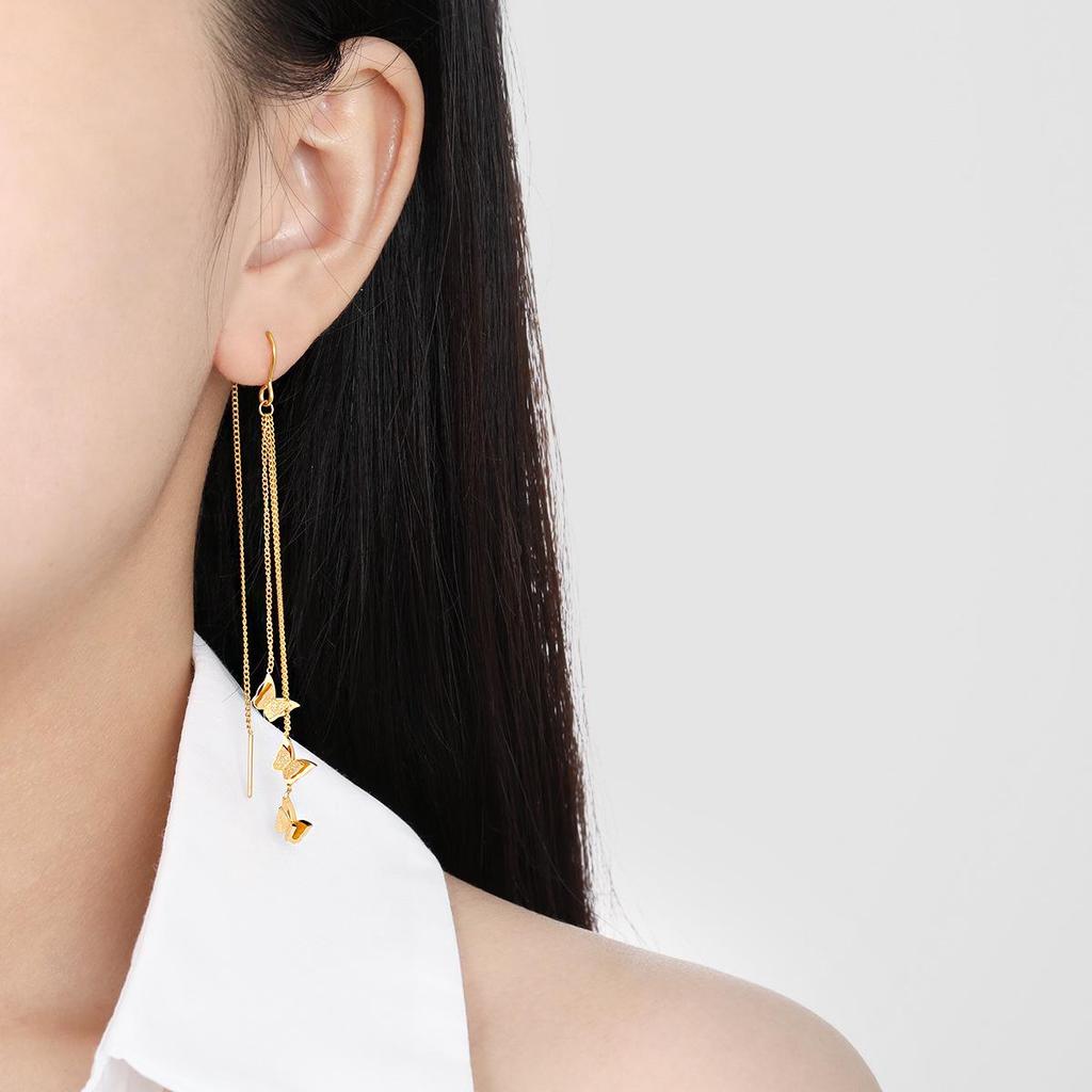 Fresh Sweet Long Butterfly Earrings for Women, Gold-Plated Titanium Steel, Fashionable and Unique Design from South Korea’s Dongdaemun
