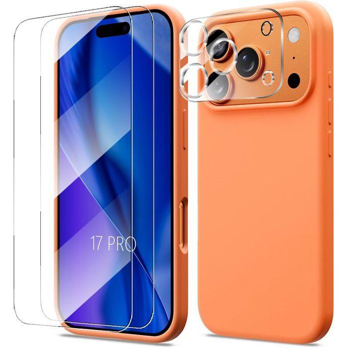 Coque Silicone - BOOLING - pour iPhone 17 Pro - Antichoc Orange - 2 Verres Trempés + Protection Caméra