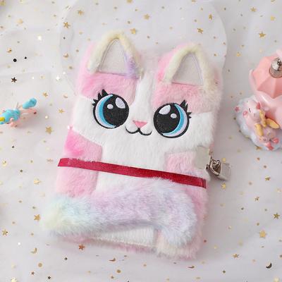 Cute Cat Plush Notebook with Lock 4 Colors Soft Furry Journal Diary, Secret Password Book for Girls Kids School Stationery Gifts