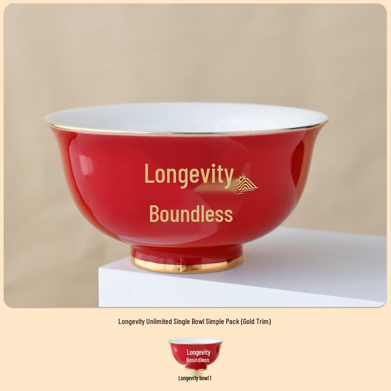 Gilded Longevity Red Ceramic Rice Bowl