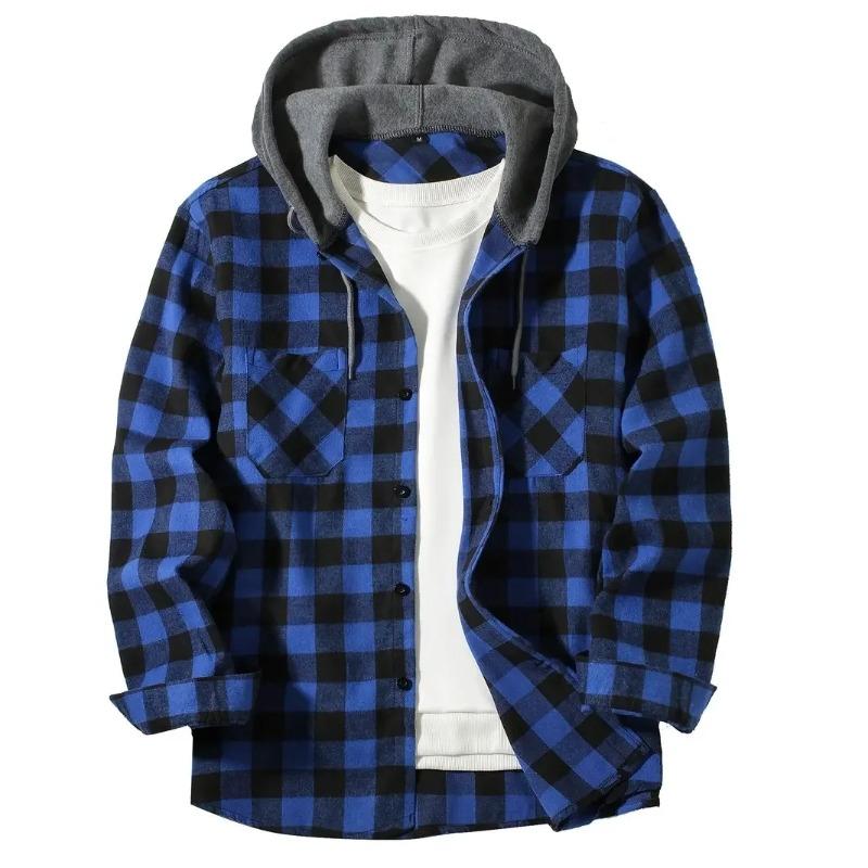 Men's Shirts Classic Plaid Casual Button Down Hooded Long Sleeved Double Pockets Shirt Hoodie Flannel Jacket Spring Autumn