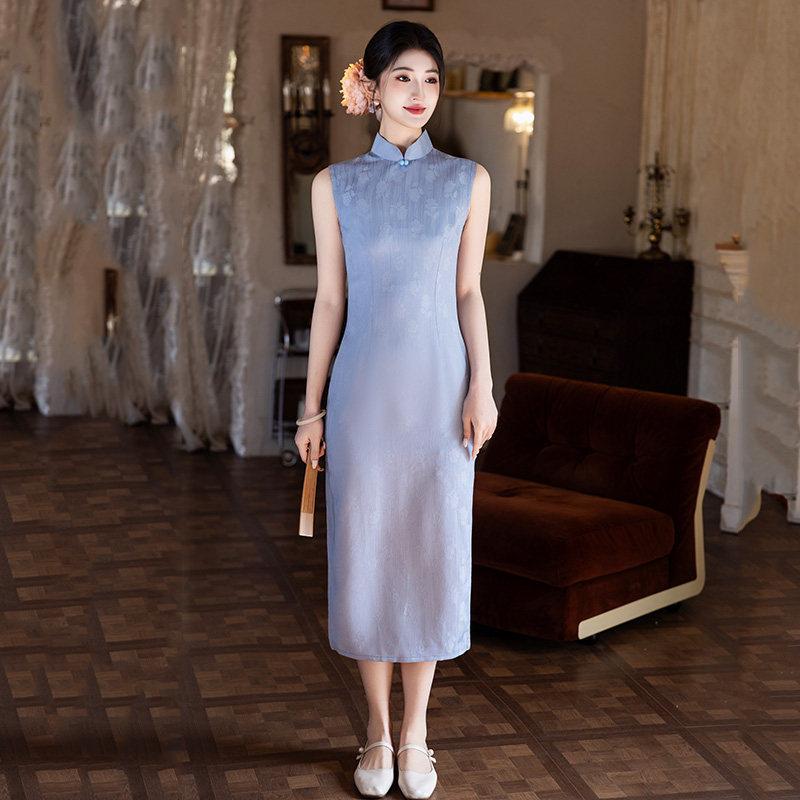 Blue sleeveless national style new Chinese daily Suzhou long cheongsam improved young 1011 new women's high sense