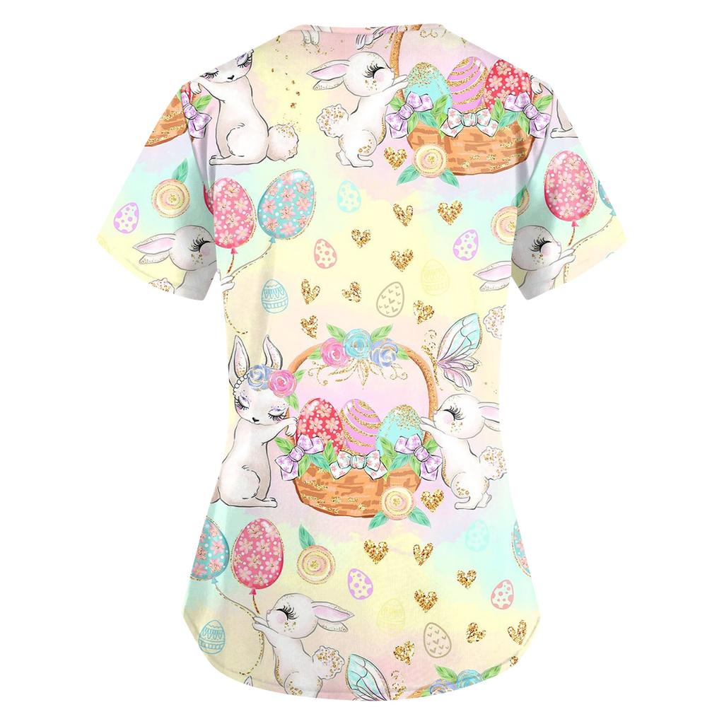 Women's Easter Print Loose V-Neck Pocket Short-Sleeve Caregiver/ Uniform