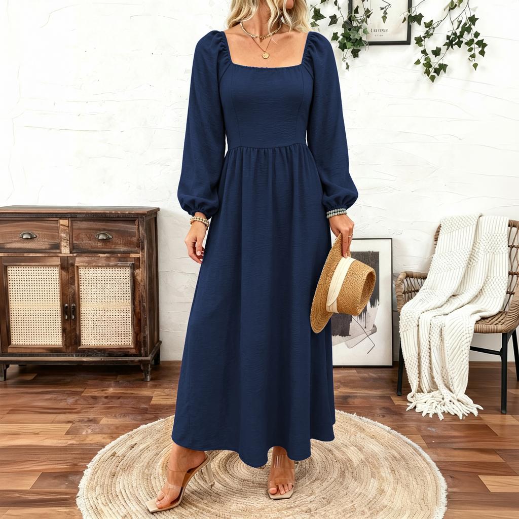 Women's Bohemian Color Square Neck Sleeve Flattering Long Dress