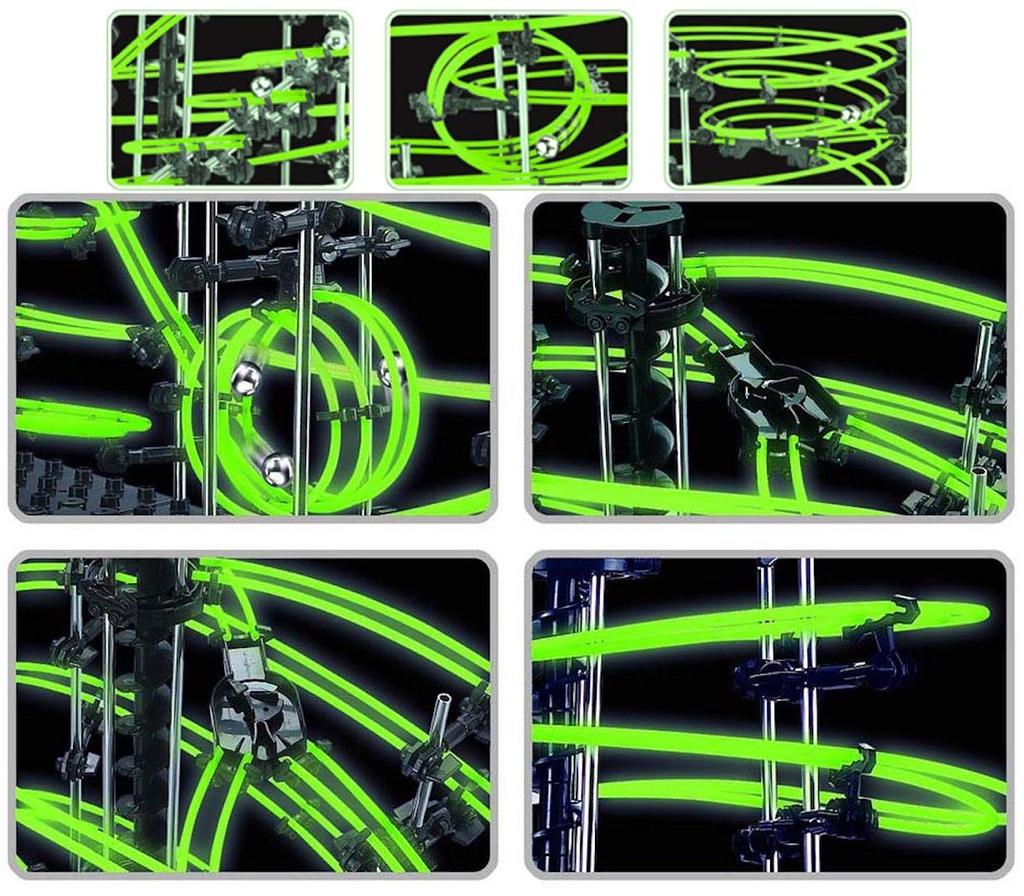 Space Rail: Glow-in-the-dark, phosphorescent, endless loop puzzle. A futuristic educational toy resembling a roller coaster, perfect for brain trainin