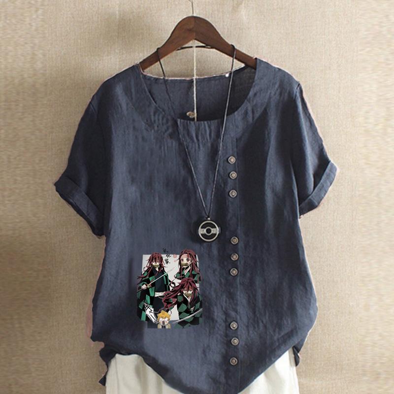 Damnytt mode linneskjorta rund hals kortärmad tecknade figurer tryckt t-shirt sommar damer vardaglig plusstorlek blus toppar