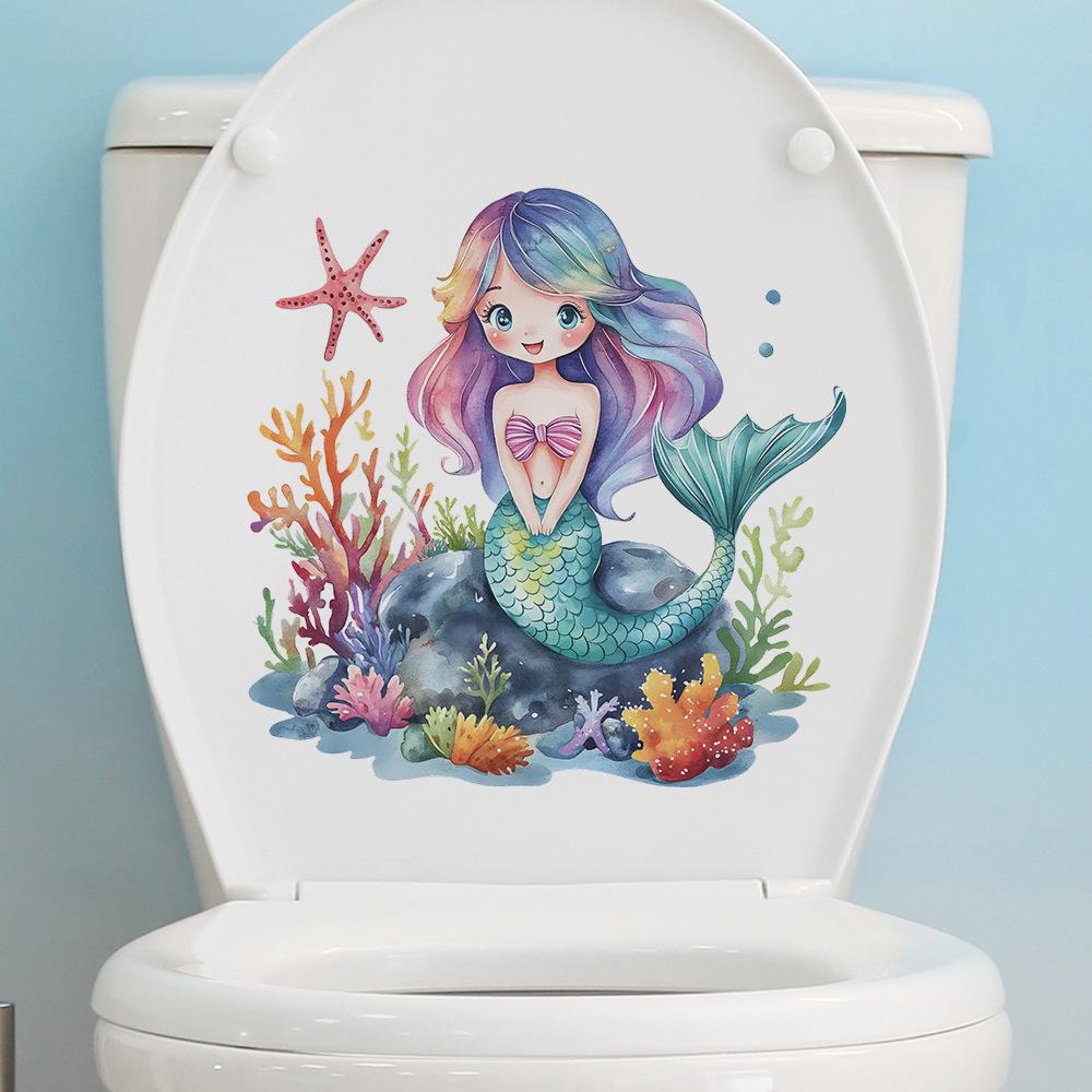 Cartoon Mermaid Coral Seaweed Bathroom Toilet Toilet Stickers for Home Beautification and Decoration