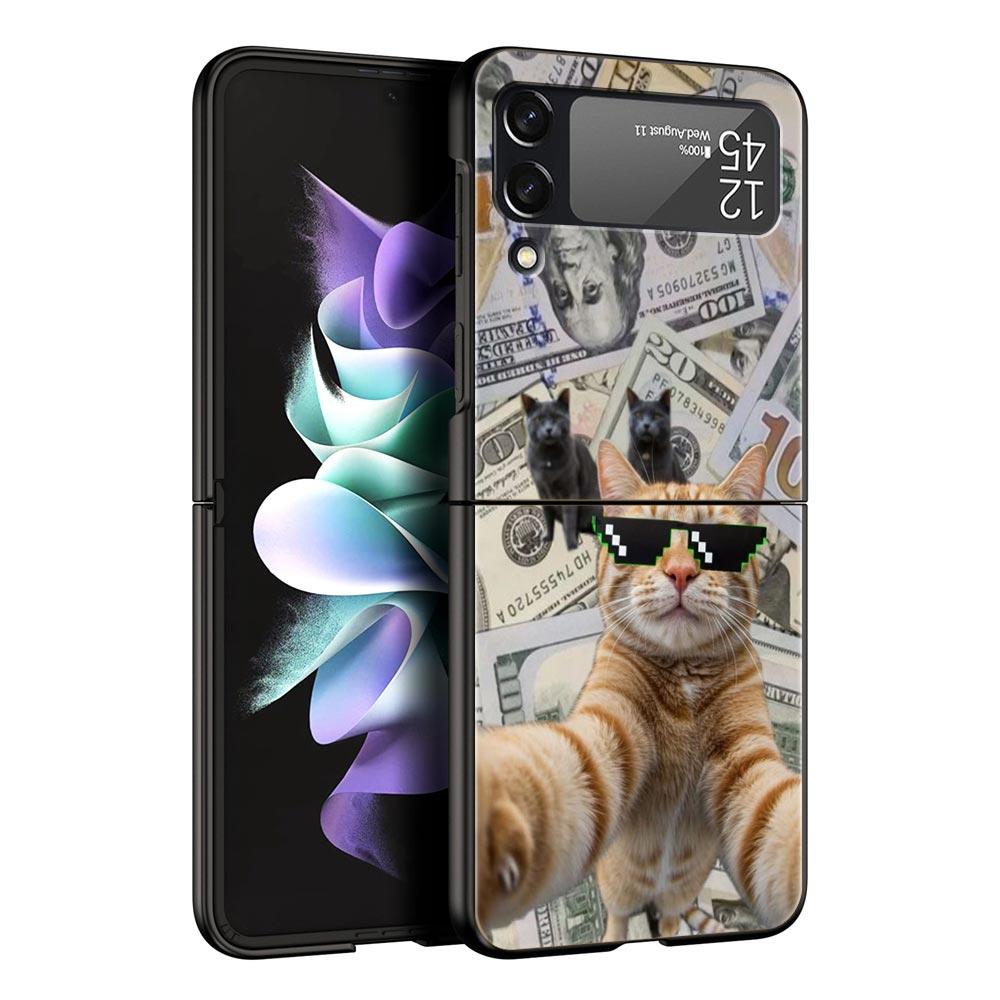 Hard PC Phone Case For Samsung Galaxy Z Flip 7 6 5 4 Black Cover For Galaxy Z Flip 3 Foldable Shockproof Money Cat Fundas Capas