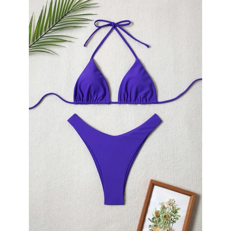 Sexy Solid Halter Lace Up Low Waist Bikini Set Women's 2 Pieces Swimsuit Triangle Thong Swimwear Bathing Suit Brazilian Biquini