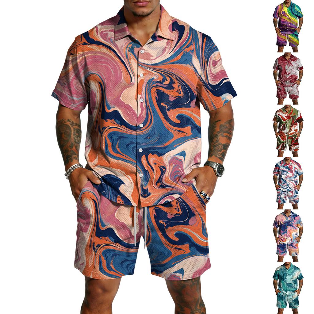 Men’s Short Sleeve Button Down Shirt and Shorts Set Abstract Swirl Print Lightweight Two Piece Outfit for Summer Beachwear
