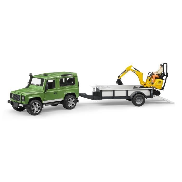 Land Rover Defender with Trailer and JCB Mini Excavator - BRUDER