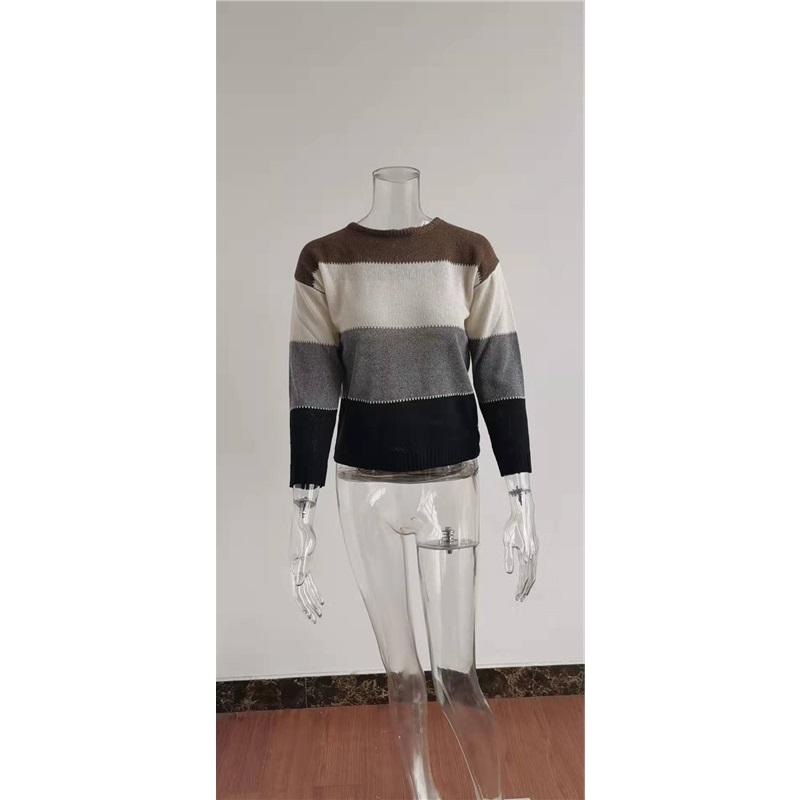 Women's Autumn And Winter Long Sleeved Striped Fur Round Neck Knitted Pullover Top Sweater