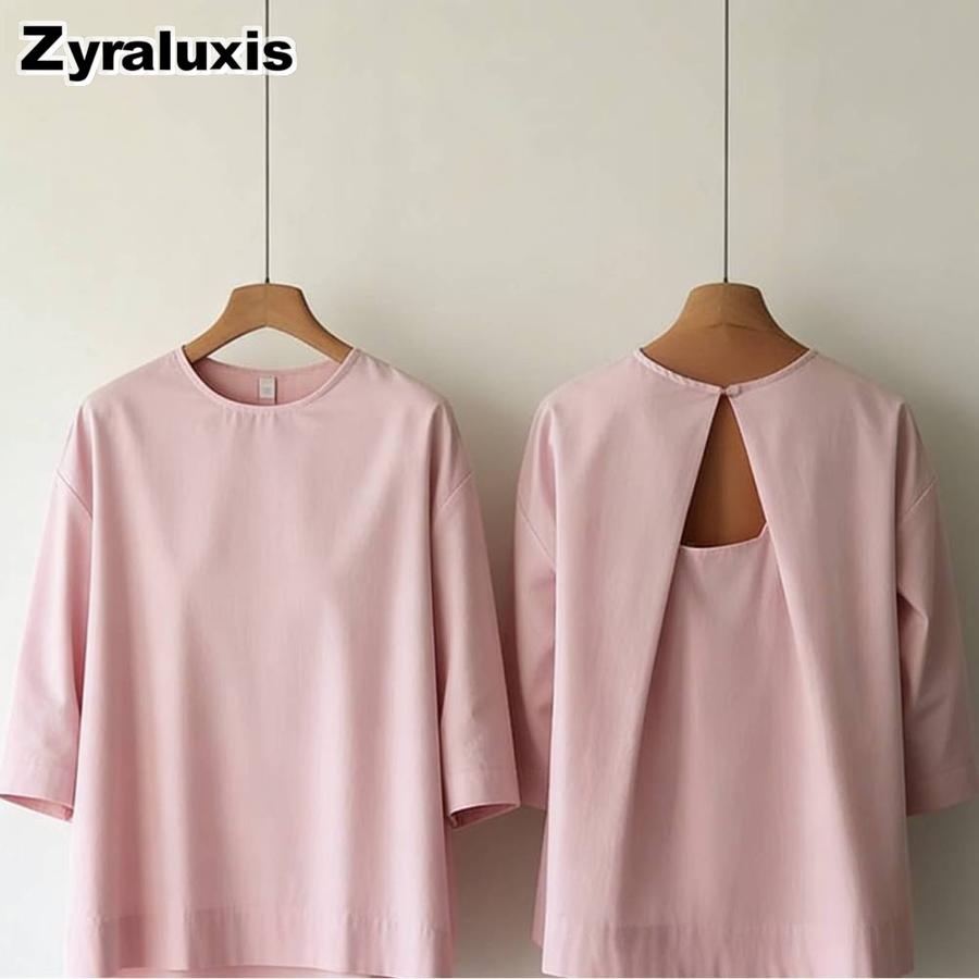New Arrival Colorful Fashion Top Spring Crew Neck Half Sleeve Open Back Cotton Shirt for Women S