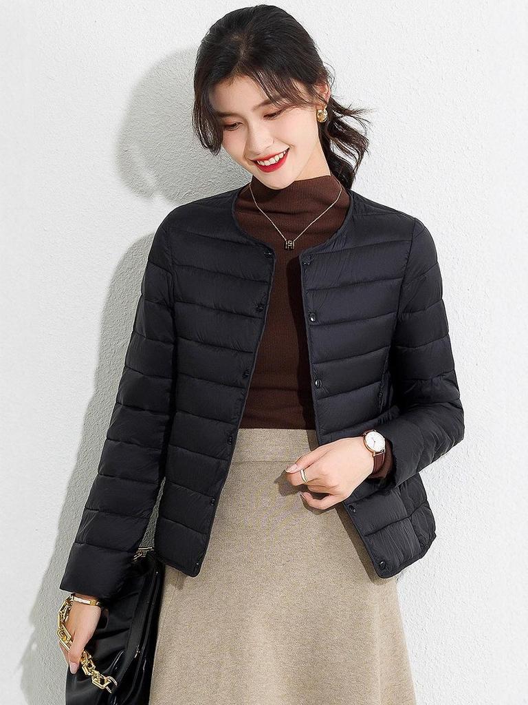 Women's Slim Fit Lightweight Crew Neck Down Jacket - Korean Style Warm Cotton-Padded Coat