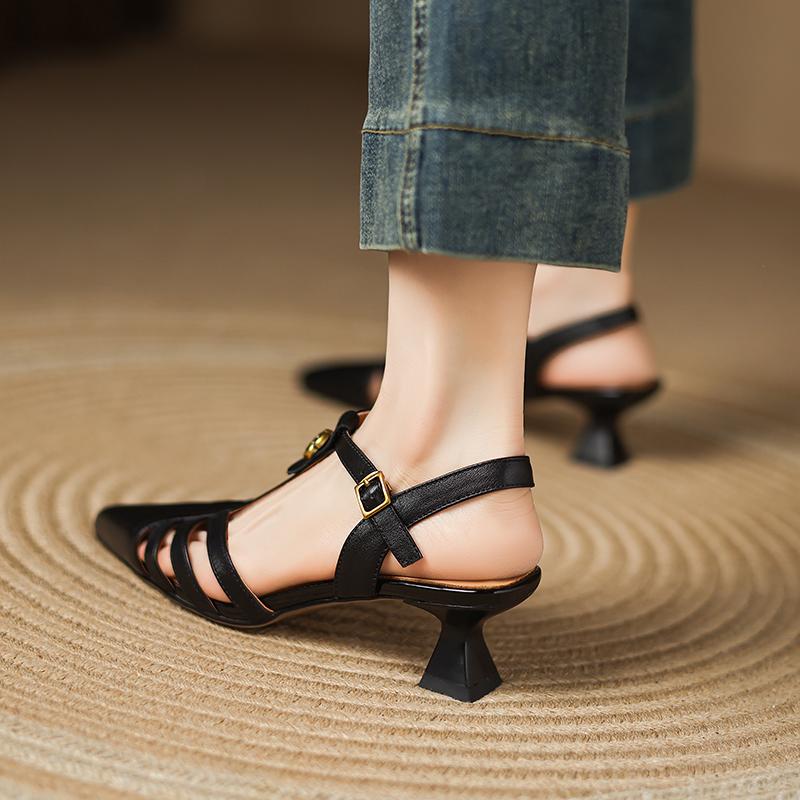 Fashion 2025 Summer Genuine Leather Sandals for Women Covered Pointed Toe Chunky Heel Ladies Elegant Dress Sandals Leisure Ladies Shoes