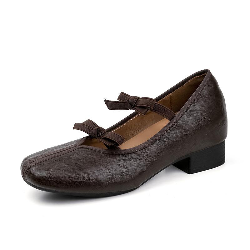 Square Head Retro Bow Mary Jane Shoes Women's Light Mouth Low Heel French Ballet Single Shoes Women