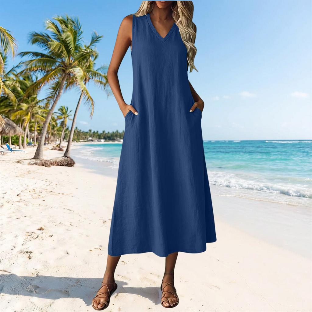 Women Sleeveless Casual V Neck Midi Dress with Zipper and Pockets Relaxed Fit Solid Color Tank Dress