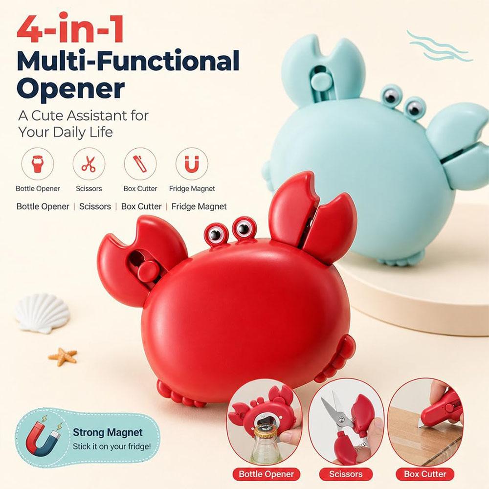 Crab Multifunctional Bottle Opener, 4-in-1 Magnetic Refrigerator Magnet with Scissors, Box Cutter&Bottle Opener, Cute Crab Magnetic Beer Bottle Opener