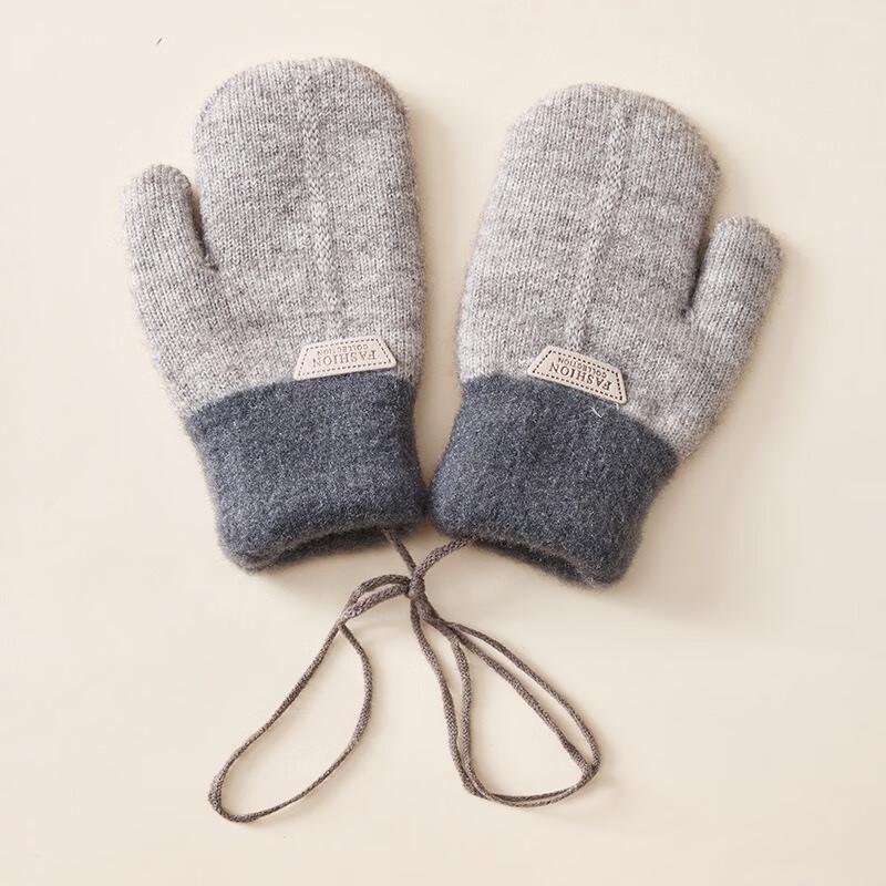 Children's Winter Warm Cashmere-Lined Knitted Mittens with Neck Strap