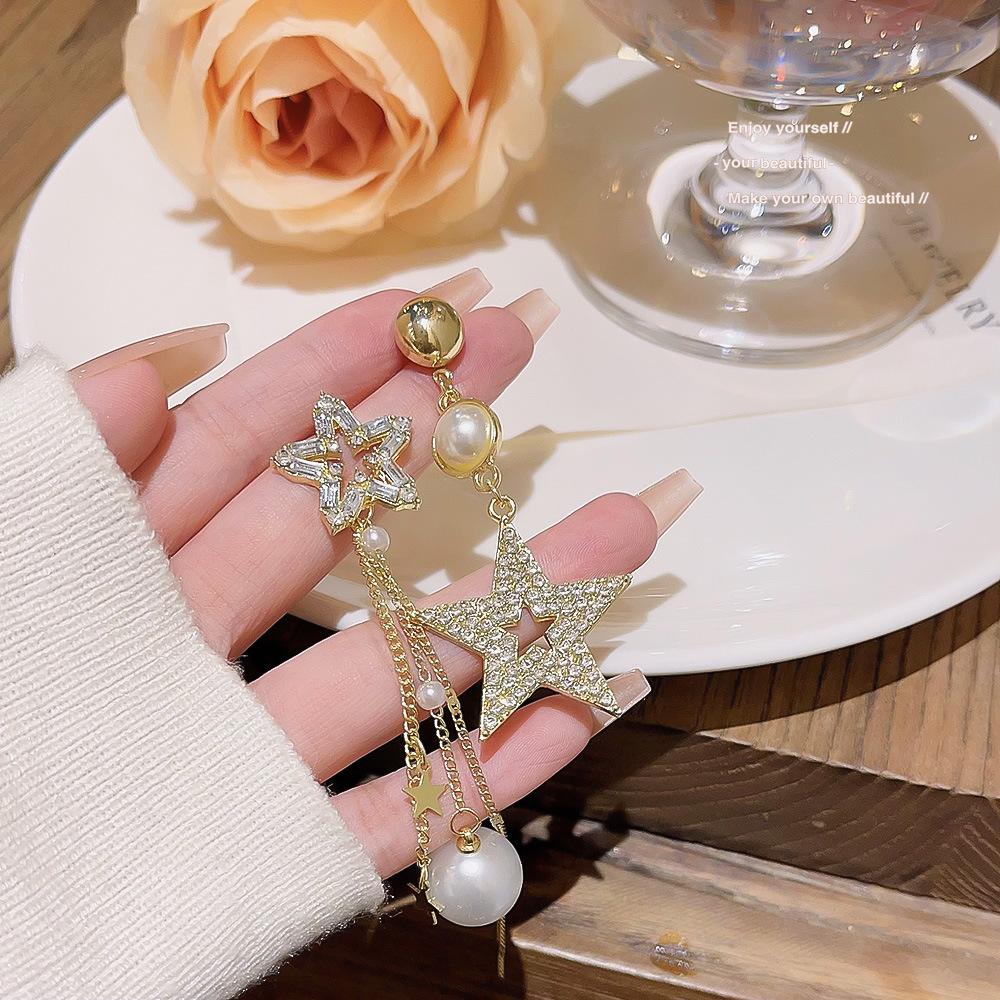 Five-pointed Star AB Asymmetric Super Flash Star Earrings Silver Needle Long Tassel Temperament Earrings Pearl Earrings