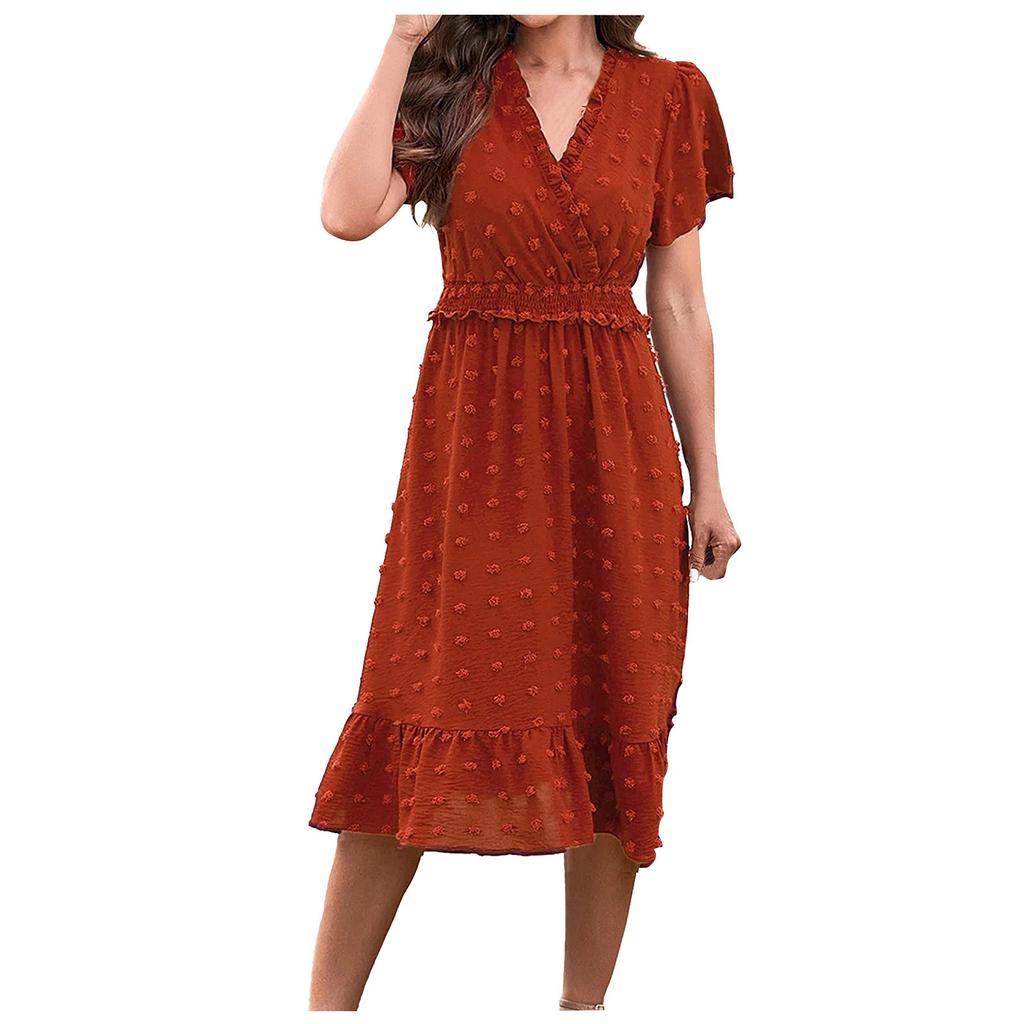Women's   Summer Dress  V Neck Short Sleeve Belted Ruffle Hem A-Line Bohemian Maxi Dresses