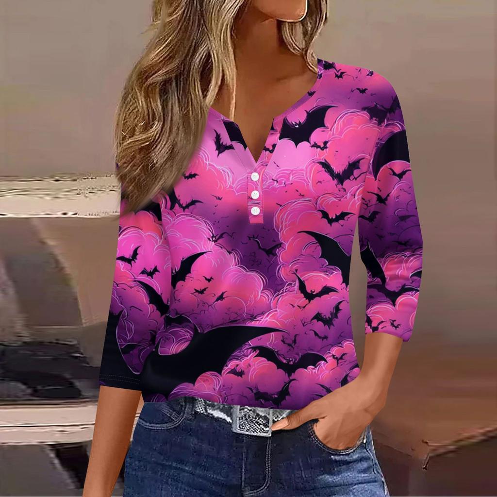 Women's Casual Fashion V-neck Loose Versatile Halloween Print Three-quarter Sleeve Top