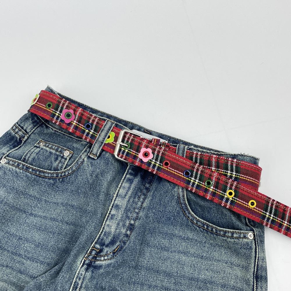 Ретро Цветочный Клетчатый Ремень для Женщин - Сладкий & Дерзкий Джинсовый Синий Кожаный 100cm