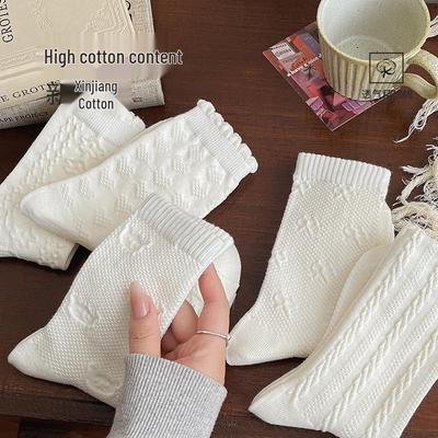 White Lace Ankle Socks for Women - Mid-Calf, Boneless, Dark Pattern, Autumn/Winter, Lolita Style, Japanese JK Student.