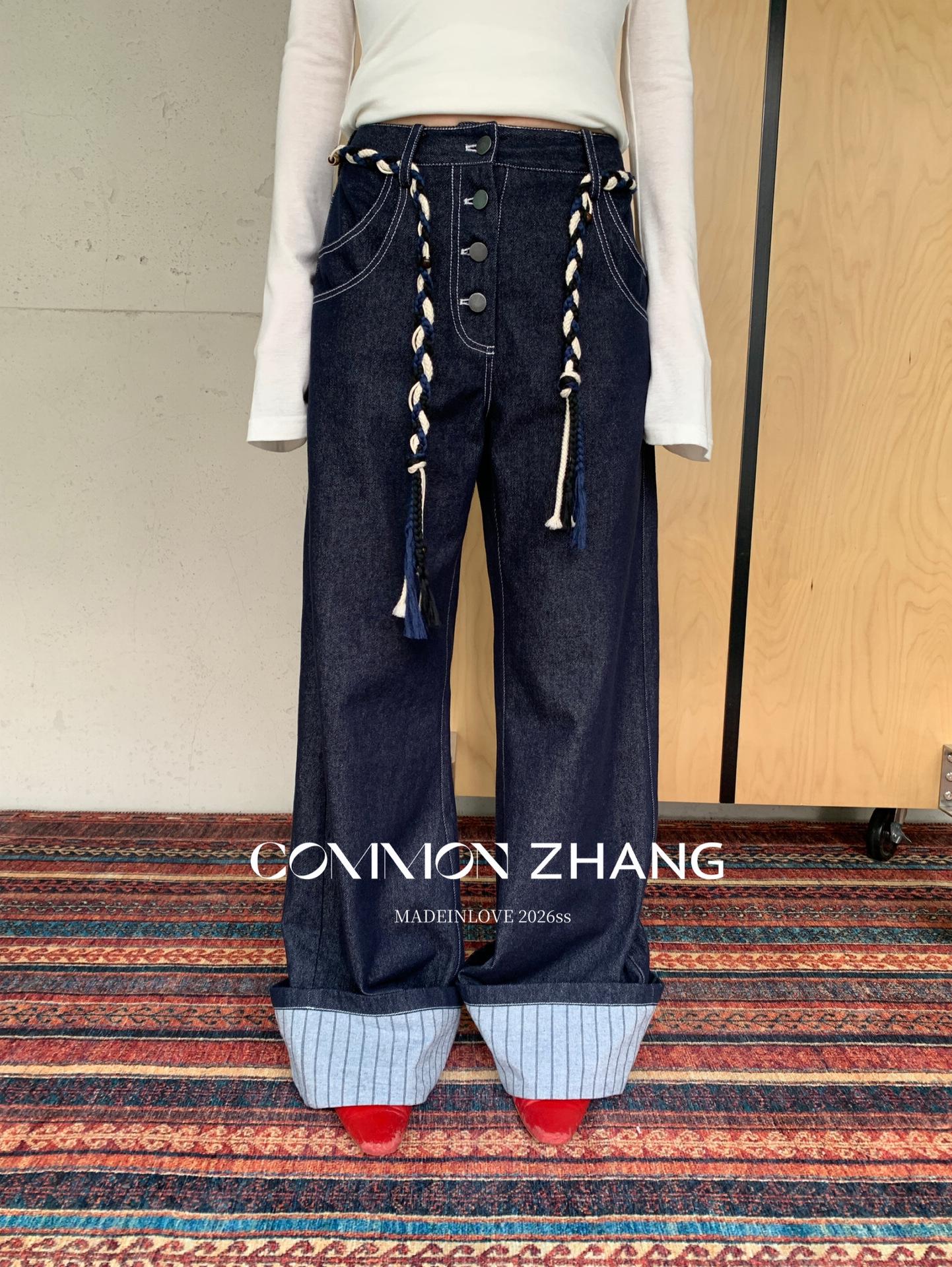 

CZ ZHANG Women s High-Waisted Wide-Leg Jeans - Academy Style, Turn-Up Cuffs, Age-Reducing Patch C11761 Small синий