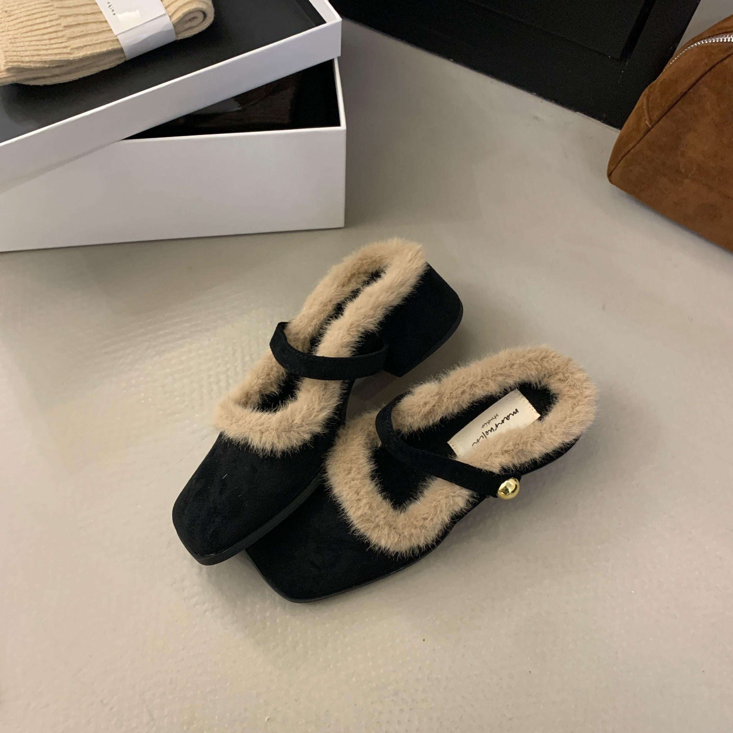 

Новые зимние туфли на высоком каблуке от дизайнера 2024 года с кудрявым плюшевым бантиком из овечьей шерсти с одной педалью и толстой подошвой для женщин 35 чёрный