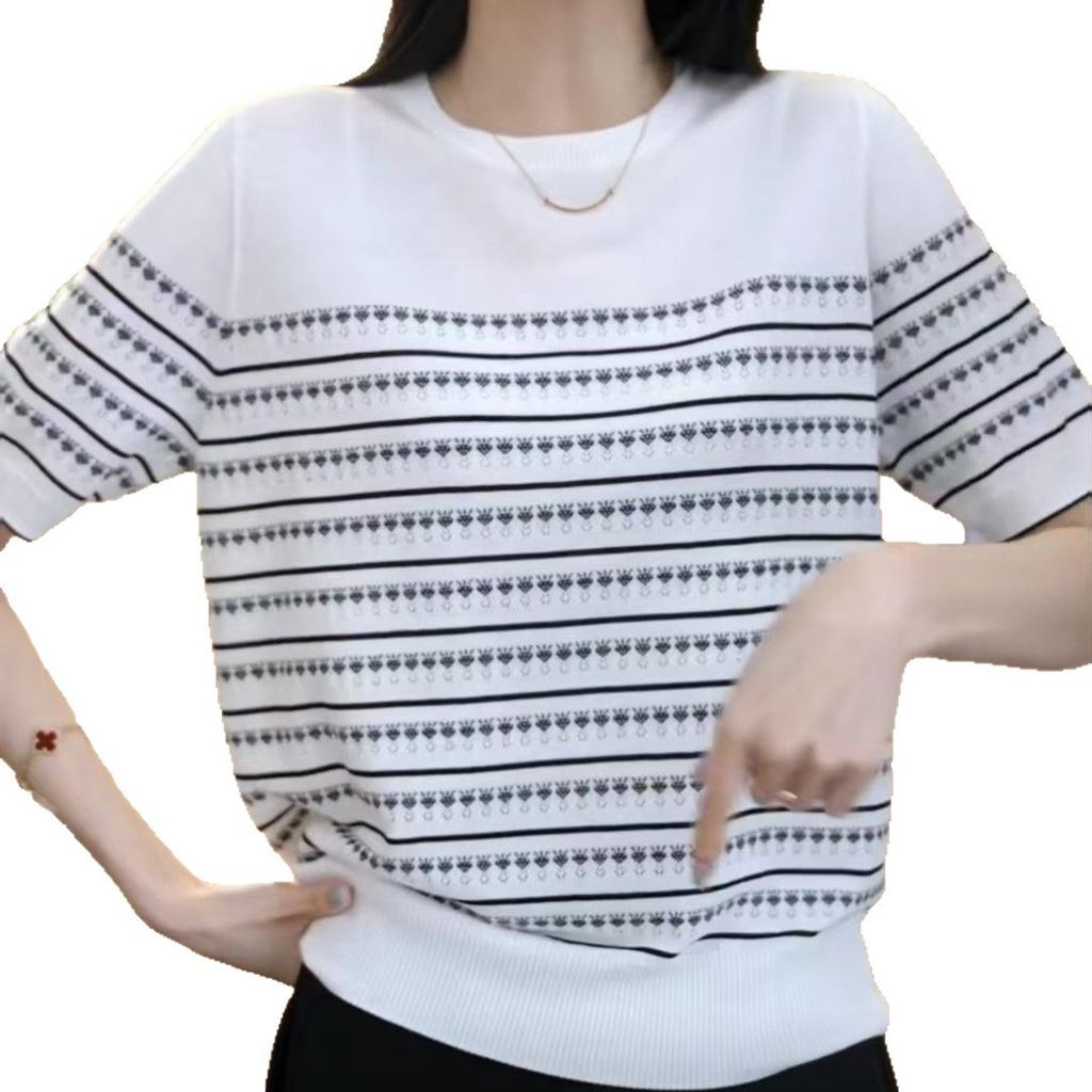 Women's Striped Knitted Shirt Ice Silk Short Sleeve T-shirt Summer Loose Top