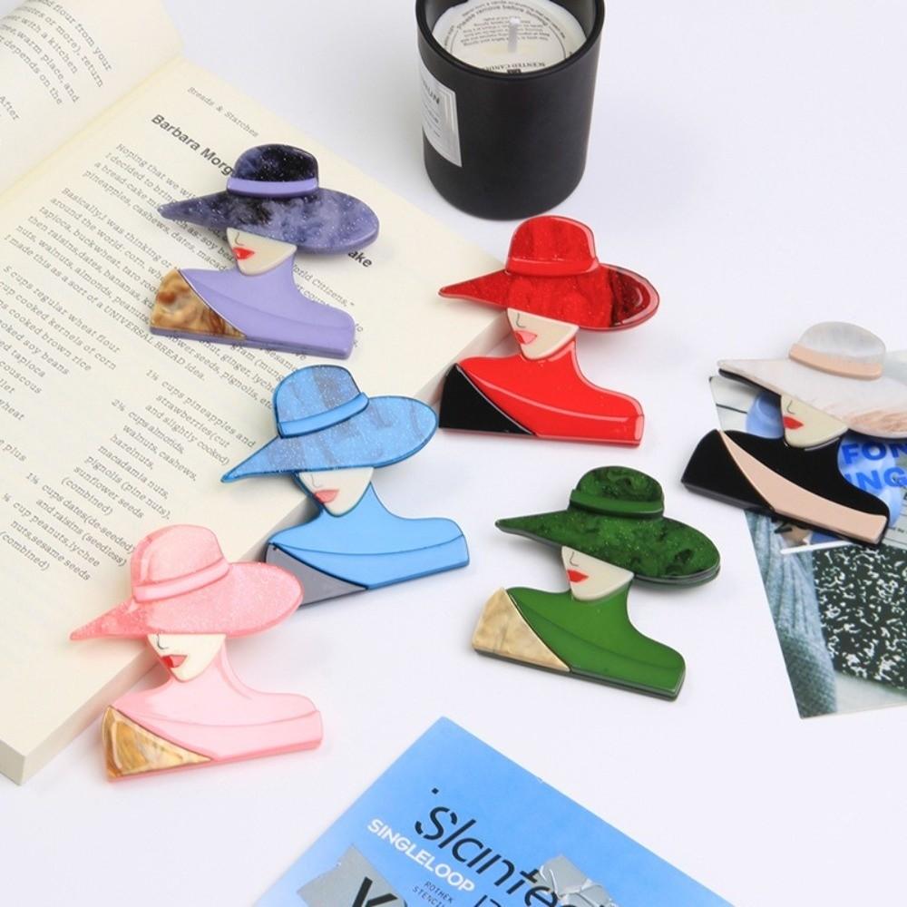 Acrylic Lady with Hat Brooch Cartoon Modern Girls Badge Women Portrait Pin  Clothing Accessories