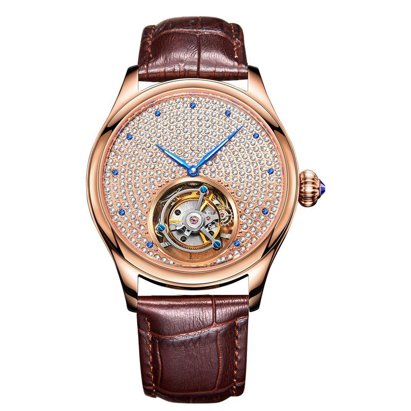 Men's Swiss Movement Waterproof Mechanical Watch with Diamond-Set Skeleton Design and Leather Strap