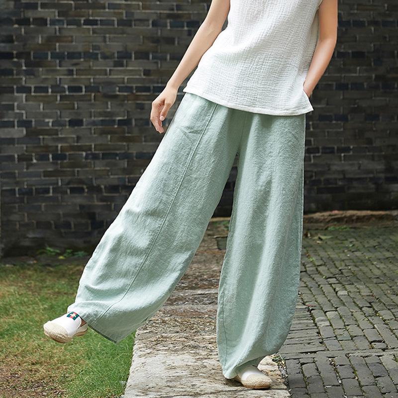 Spring Summer Cotton Linen Style Bloomers Wide Leg Pants Women Vintage Full Length Elegent Pants Solid Elasitic Waist