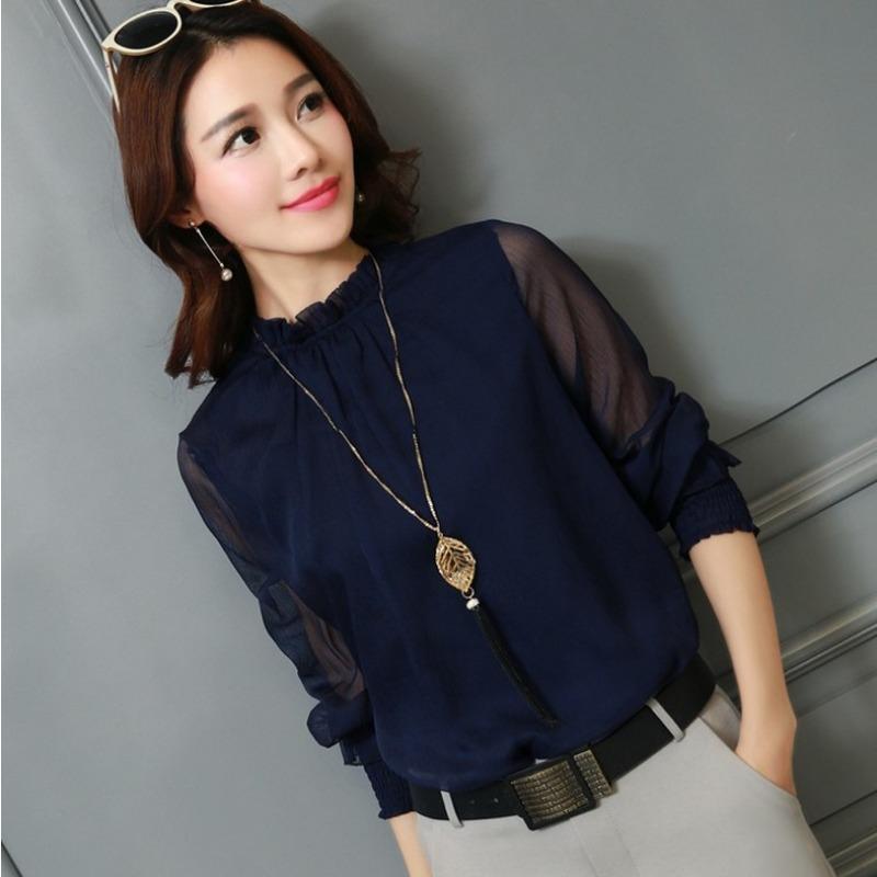Spring New Lace Chiffon Shirt Women's Mesh Ruffled Stand Collar Long Sleeve Shirt Top