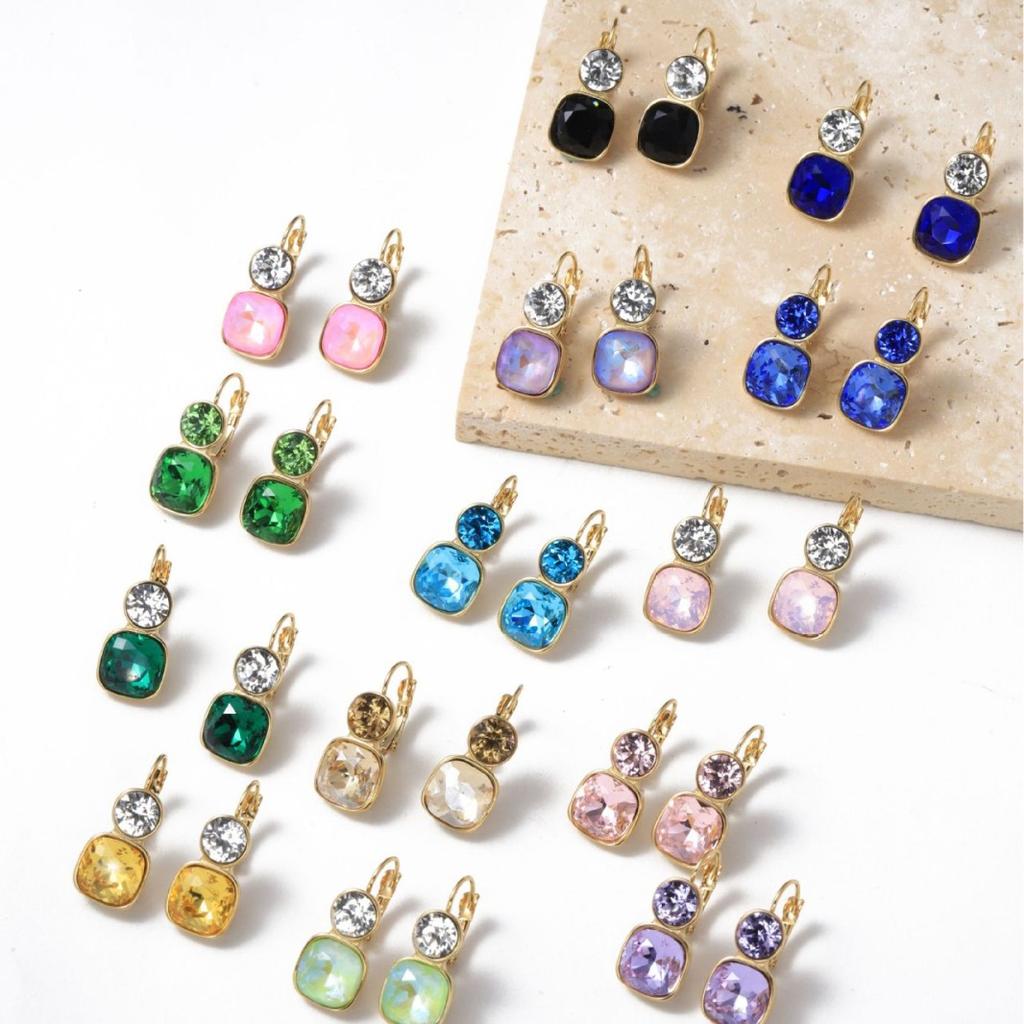 CARLIDANA 18K Gold Plated Stainless Steel Square Shaped Colorful Pink Crystal Stone Stud Dangle Earrings for Women Jewelry